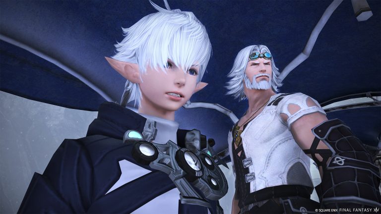 Two white-haired Final Fantasy XIV characters, one young with a clock-faced gauntlet and one older with goggles, look off-screen beneath a blue canopy.