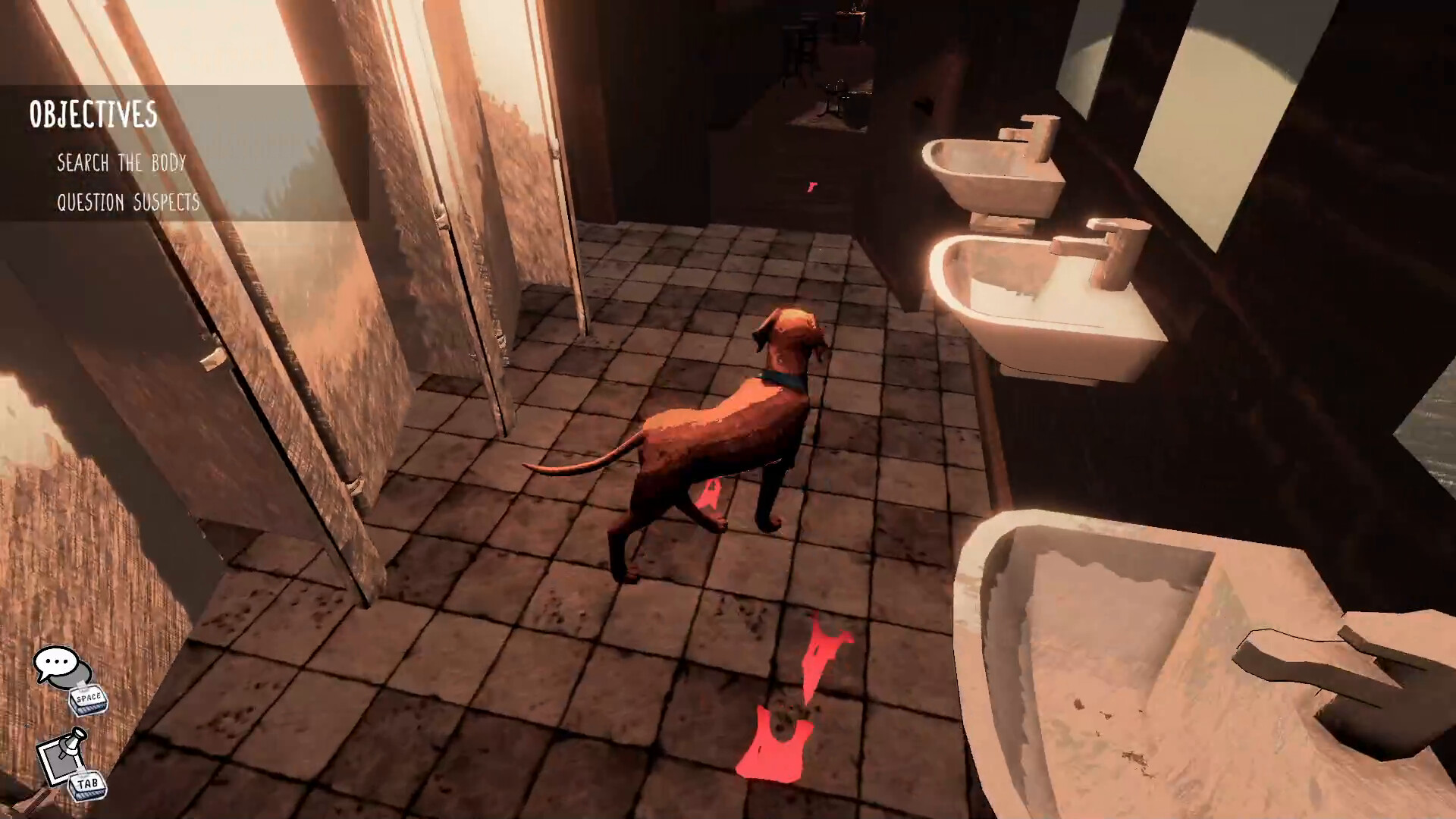Archie follows red highlighted paw prints across the tiled floor of a washroom with sinks and cubicles