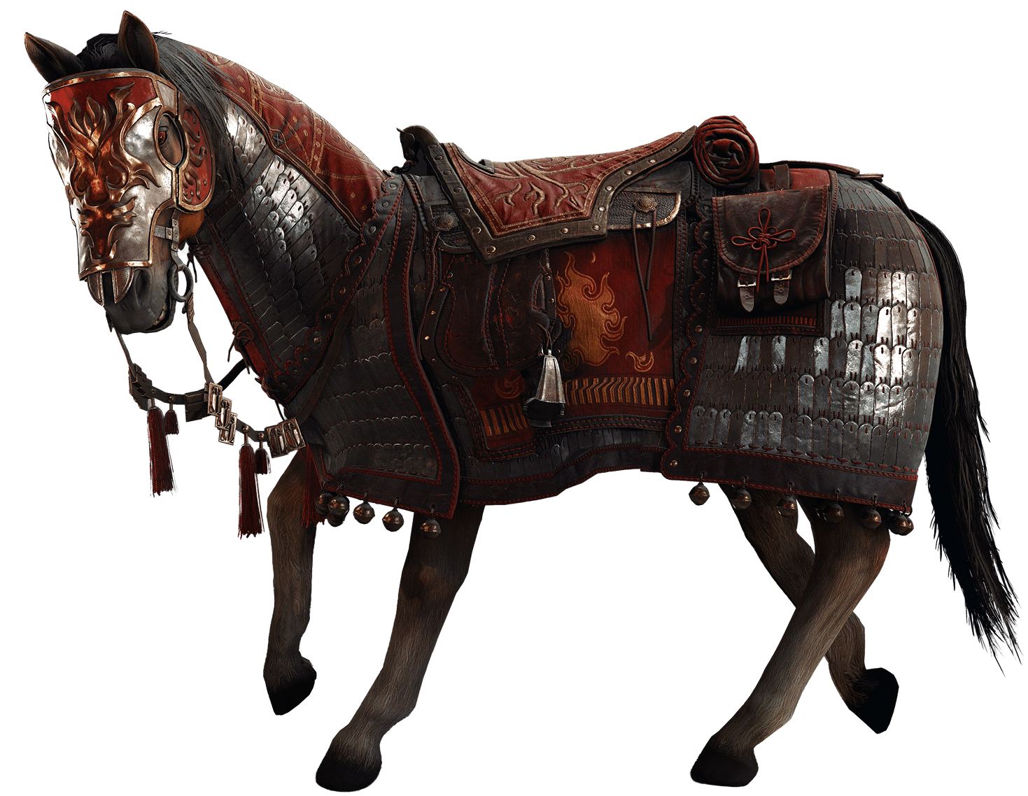 A horse wearing red and silver plated armour, a decorated mask and red saddlebags on a black background