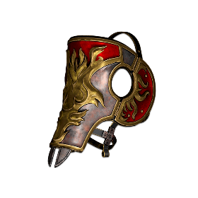 A silver and red horse mask with gold flame detailing on a black background