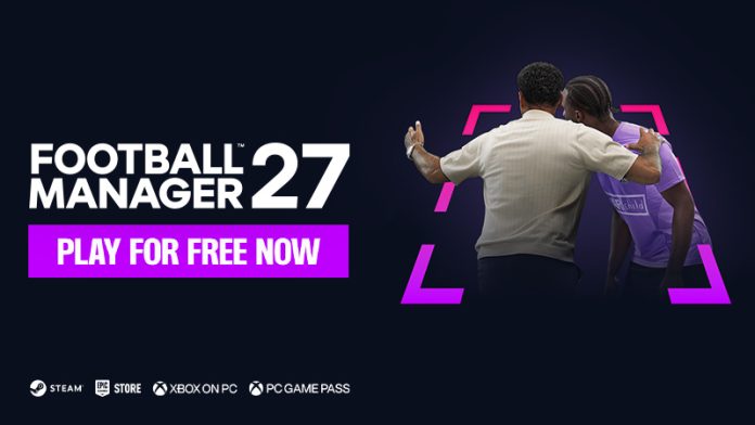 Football Manager 27 key art reading Play For Free Now, with two figures in an embrace