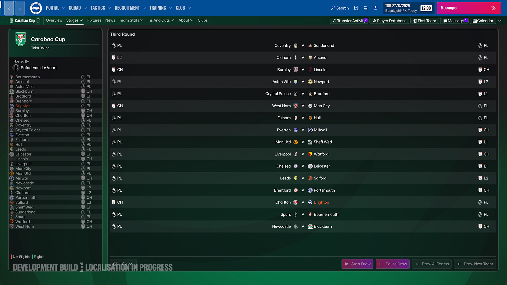 A Football Manager 27 Carabao Cup third round fixtures screen with club crests and results