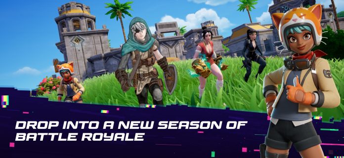 Fortnite iOS App Store screenshot Battle Royale. Image: Epic Games Fortnite: a squad of characters runs across grass in front of a stone tower, with the caption Drop into a new season of Battle Royale