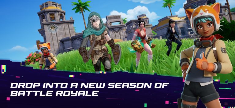 Fortnite: a squad of characters runs across grass in front of a stone tower, with the caption Drop into a new season of Battle Royale