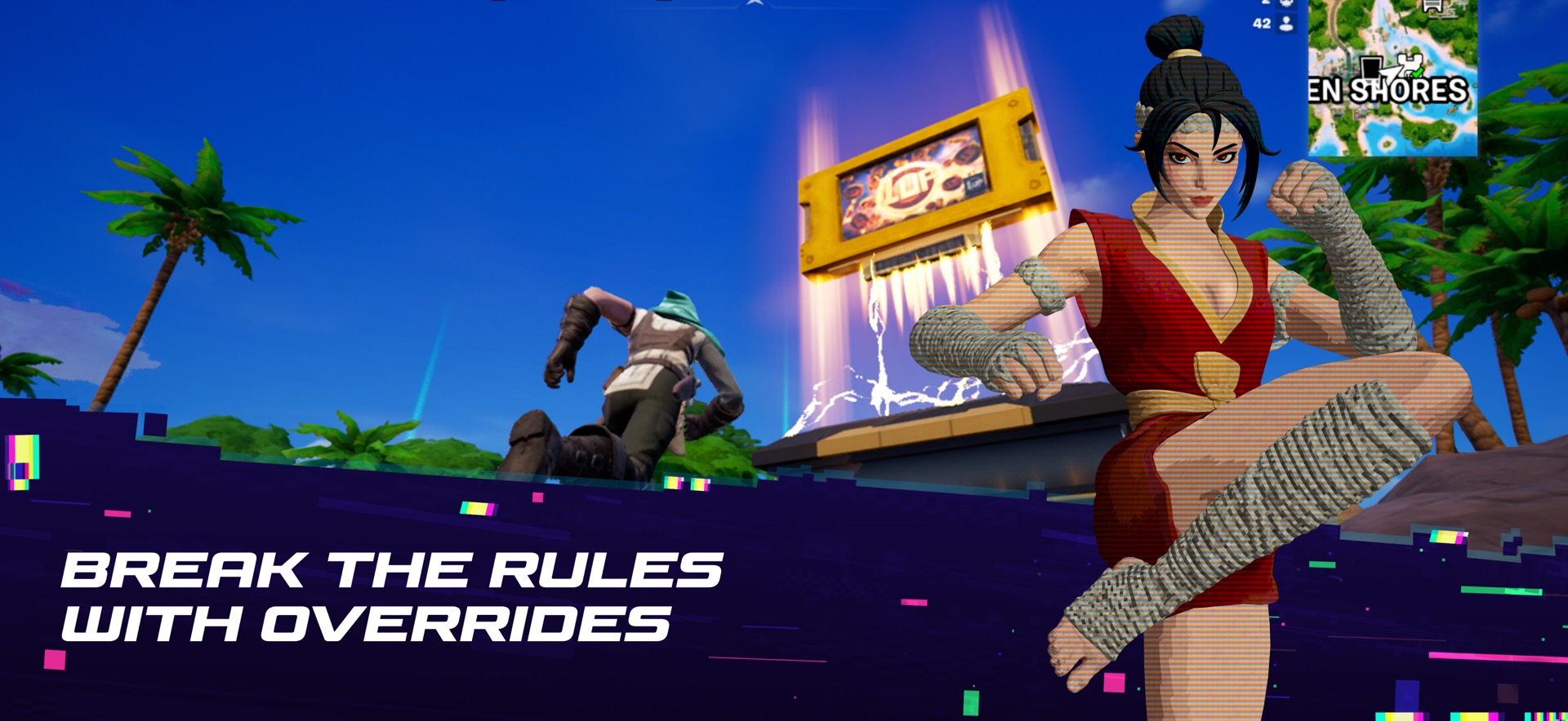 Fortnite: a character in a red outfit throws a kick in front of a neon sign, with the caption Break the rules with Overrides