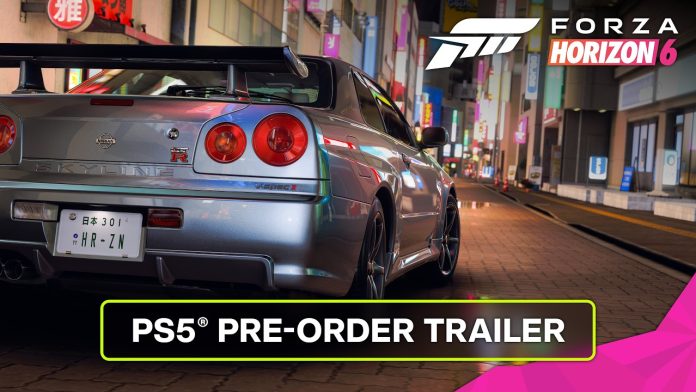 A silver Nissan Skyline GT-R seen from behind on a neon-lit Tokyo street, under the Forza Horizon 6 logo and the words PS5 Pre-Order Trailer