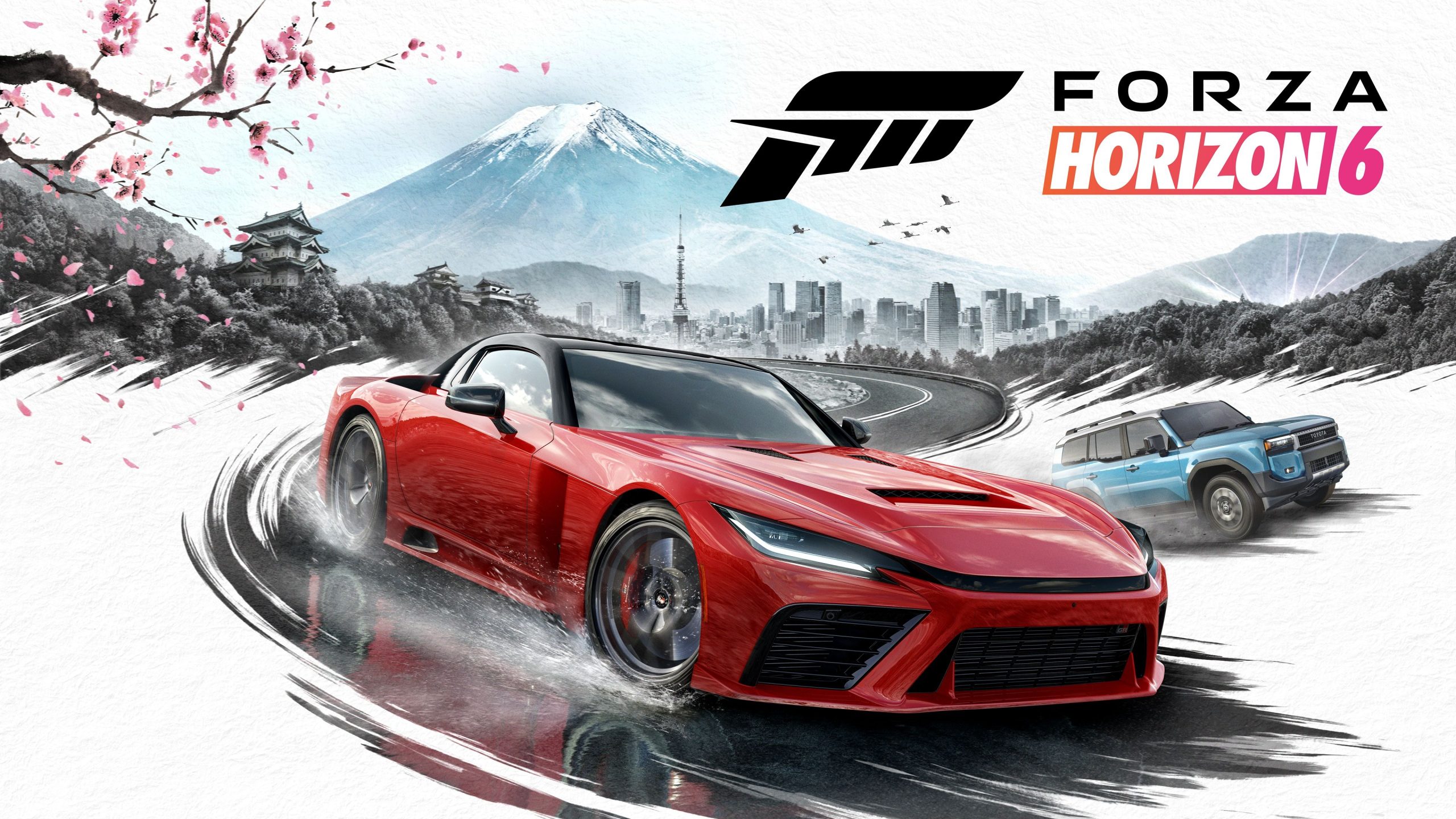 Forza Horizon 6 key art: a red sports car drifts through ink-wash scenery with Mount Fuji, a pagoda and the Tokyo skyline behind it, and a blue SUV following