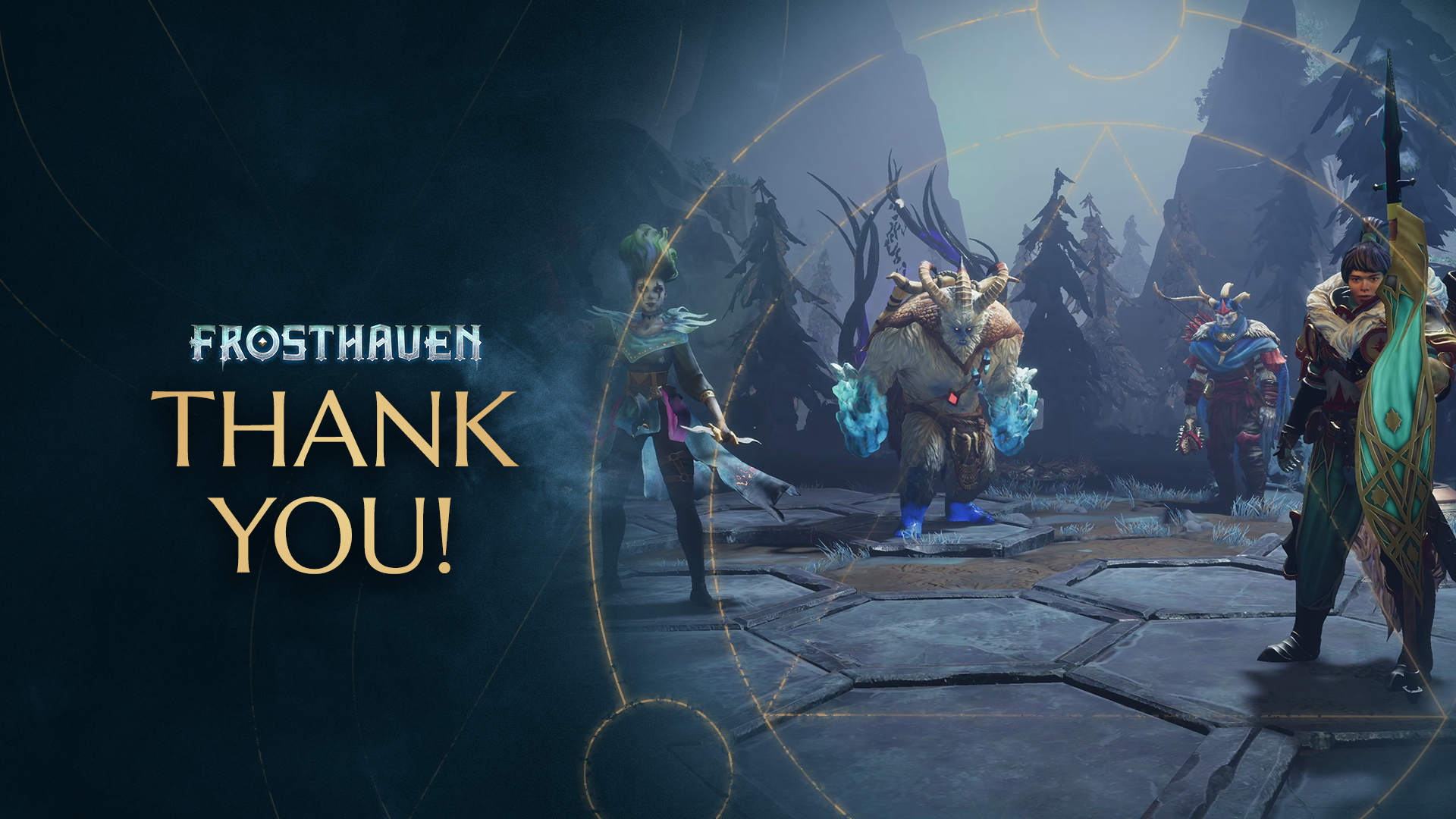 Frosthaven logo beside the words Thank You, next to four characters standing on hexagonal tiles in a snowy pine forest.