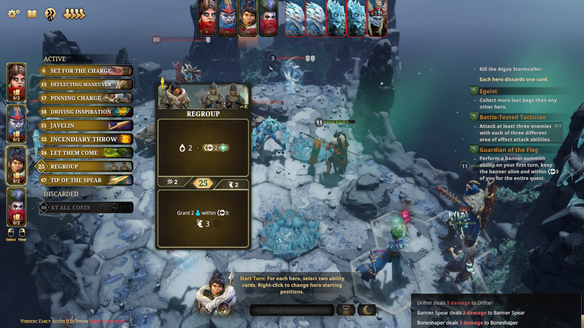The Frosthaven battle screen with a list of ability cards on the left, a selected card in the centre and heroes on a snowy hex grid.
