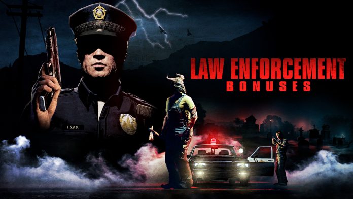 GTA Online Halloween Law Enforcement Bonuses. Image: Rockstar Games GTA Online Law Enforcement Bonuses art: a police officer with a pistol, a masked slasher and a squad car in a foggy cemetery at night