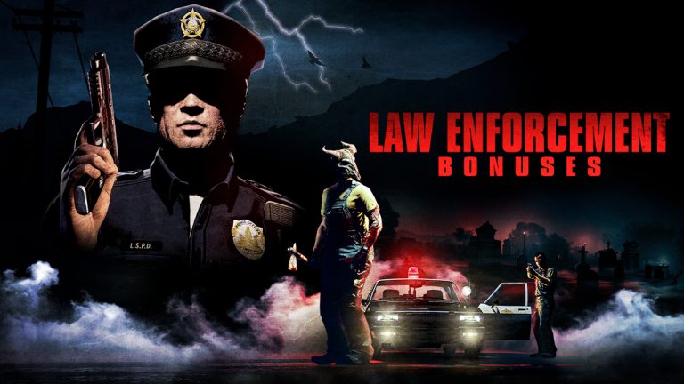 GTA Online Law Enforcement Bonuses art: a police officer with a pistol, a masked slasher and a squad car in a foggy cemetery at night