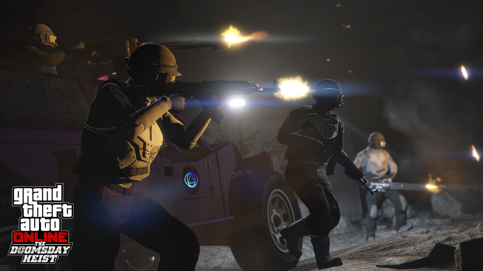 Armoured players fire rifles beside a vehicle in a night-time GTA Online firefight