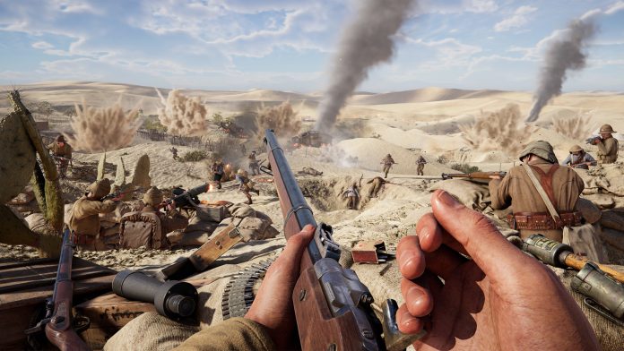 First-person view of a soldier with a lever-action rifle crouched among sandbags and cacti as troops advance across a smoky desert