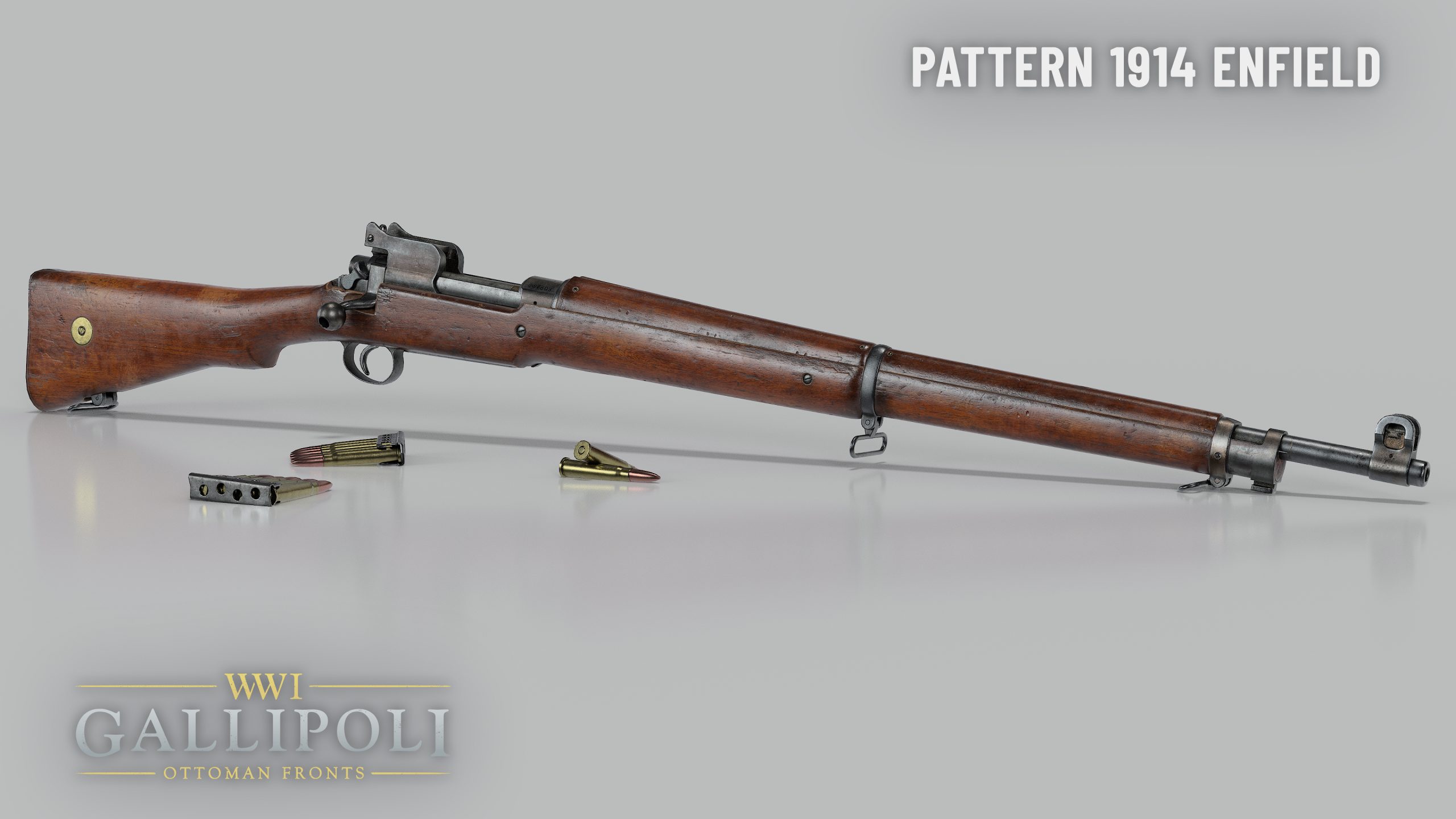 Render of the Pattern 1914 Enfield rifle on a grey background, with stripper clips of ammunition beside it