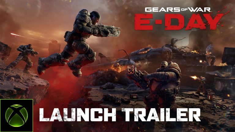 Gears of War: E-Day launch trailer title card, with armoured soldiers charging across a burning battlefield