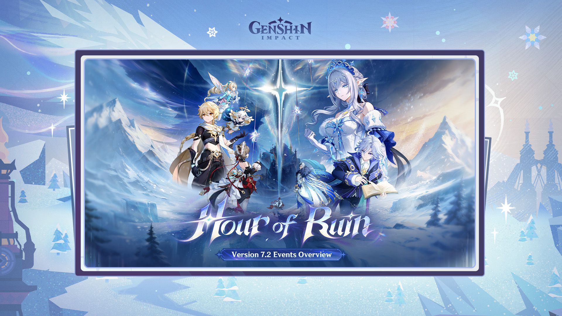 The Genshin Impact Version 7.2 Hour of Ruin Events Overview graphic, with the key art in a frame on a pale blue snowy background.