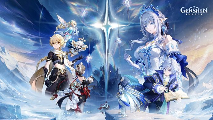 Key art for Genshin Impact Version 7.2 showing the Traveler, Paimon and several characters on a snowy mountain