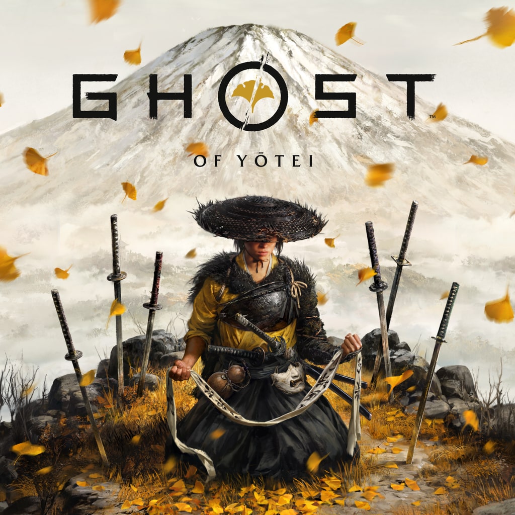 Ghost of Yōtei key art: a warrior in a wide straw hat kneels among swords and falling golden leaves beneath a snow-capped mountain