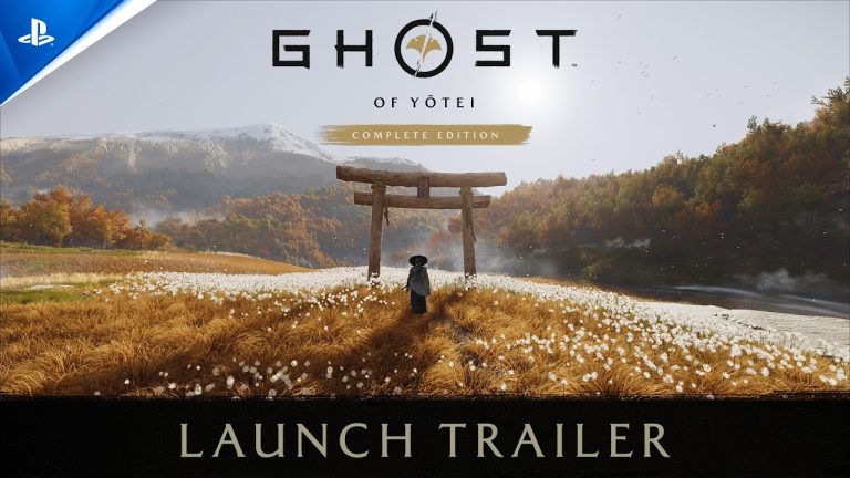 A lone figure stands before a red torii gate in a field of white flowers beneath snowy hills, under the Ghost of Yōtei Complete Edition logo