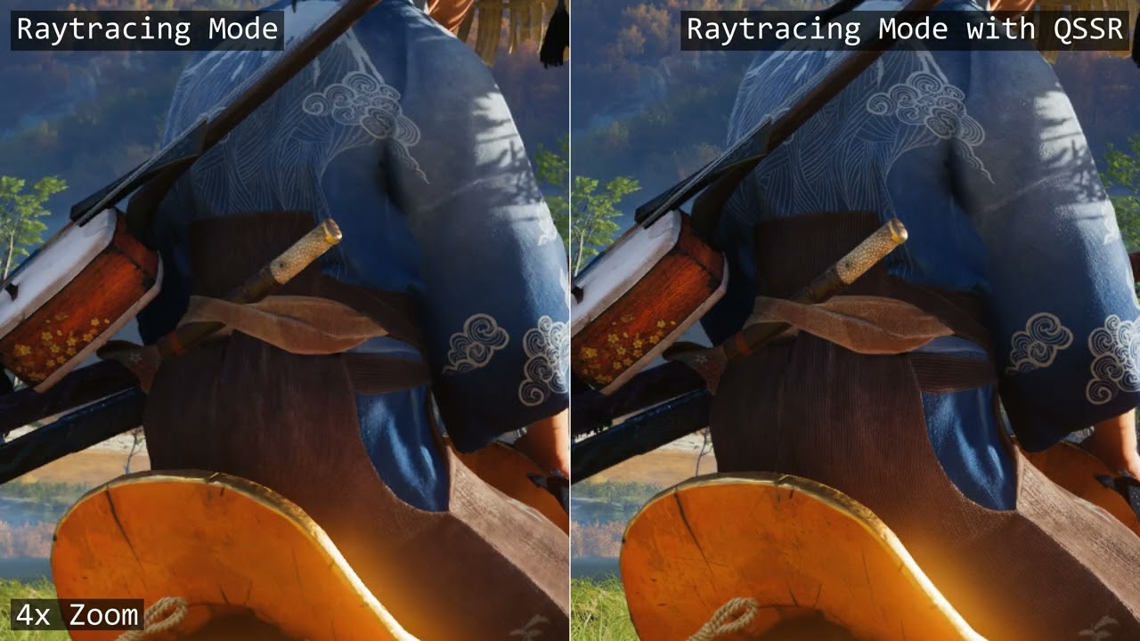 Side-by-side close-up of a character's patterned clothing and gear in Ghost of Yōtei, Raytracing Mode against Raytracing Mode with QSSR, at 4x zoom