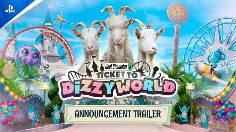 Three goats in front of a colourful theme park under the Ticket to Dizzyworld announcement trailer logo