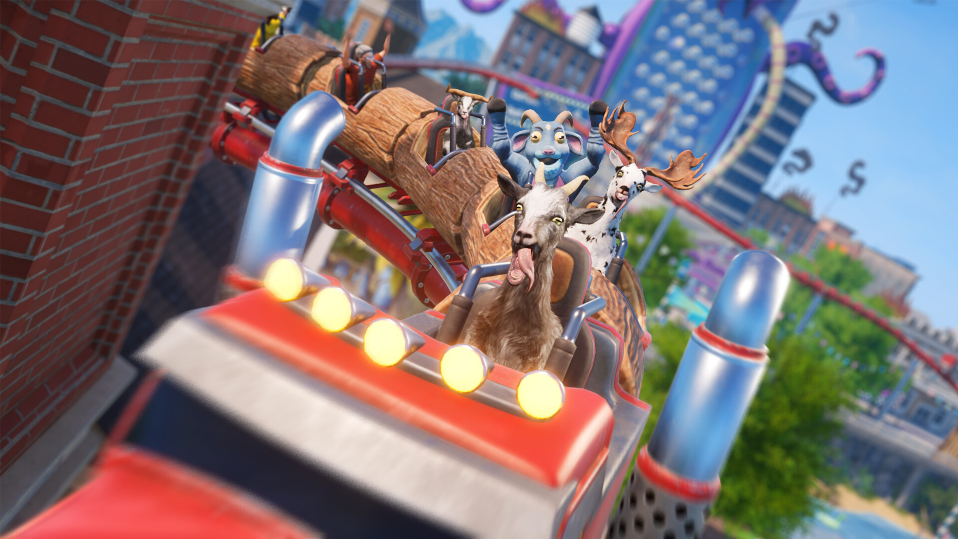 Goats riding in a rollercoaster car through Dizzyworld in Goat Simulator 3