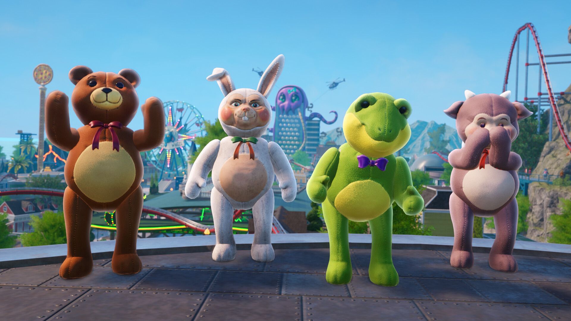 Four costumed animal mascots, a bear, a rabbit, a frog and an elephant, stand in a row in Dizzyworld