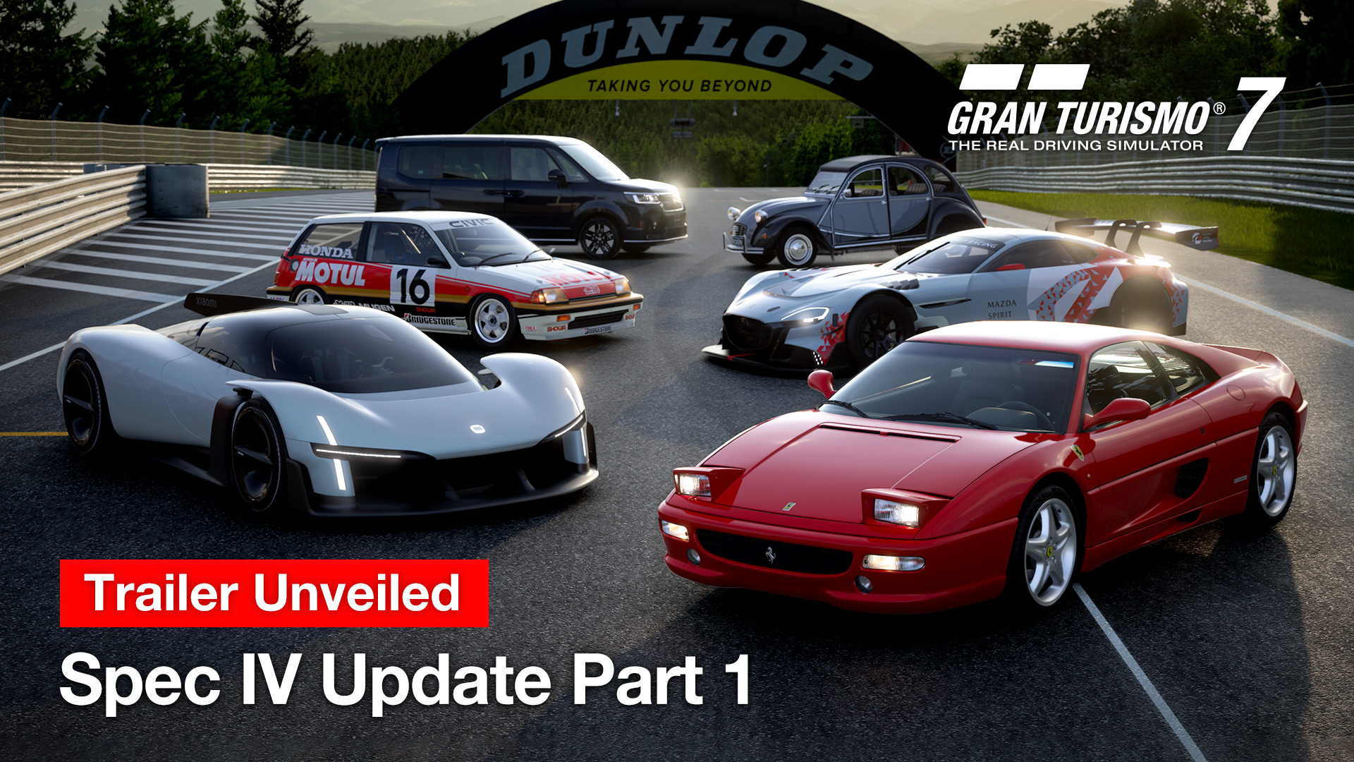 Spec IV Update Part 1 key art showing new cars lined up under a Dunlop bridge