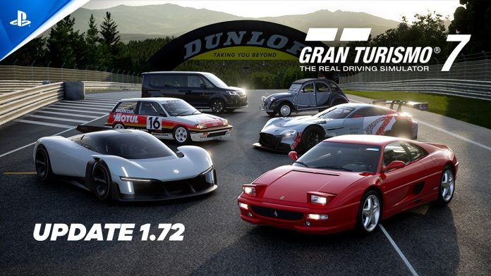 Gran Turismo 7 Update 1.72 title card with a red Ferrari, a Honda race car and other cars under a Dunlop bridge