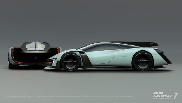 The Xiaomi Vision Gran Turismo, a pale blue electric hypercar, shown in side view with its rear end behind it, in Gran Turismo 7