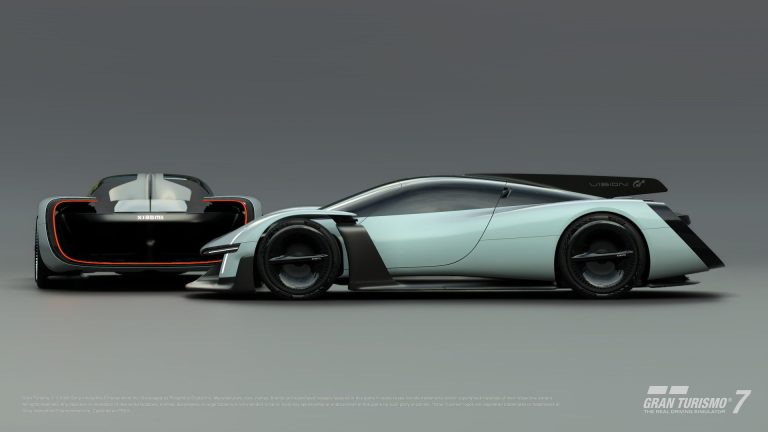 The Xiaomi Vision Gran Turismo, a pale blue electric hypercar, shown in side view with its rear end behind it, in Gran Turismo 7
