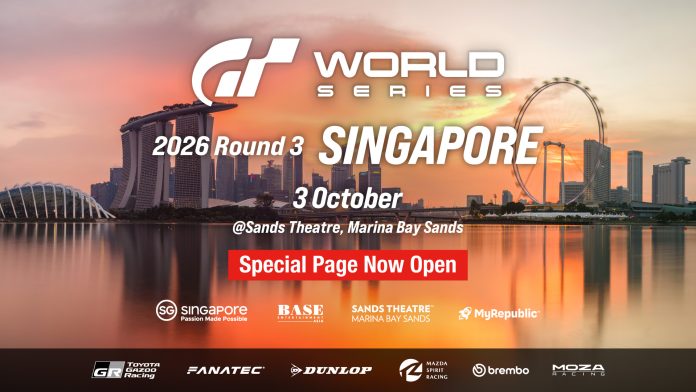 Gran Turismo World Series 2026 Round 3, Singapore. Image: Polyphony Digital Gran Turismo World Series 2026 Round 3 Singapore key art over the Marina Bay skyline at sunset