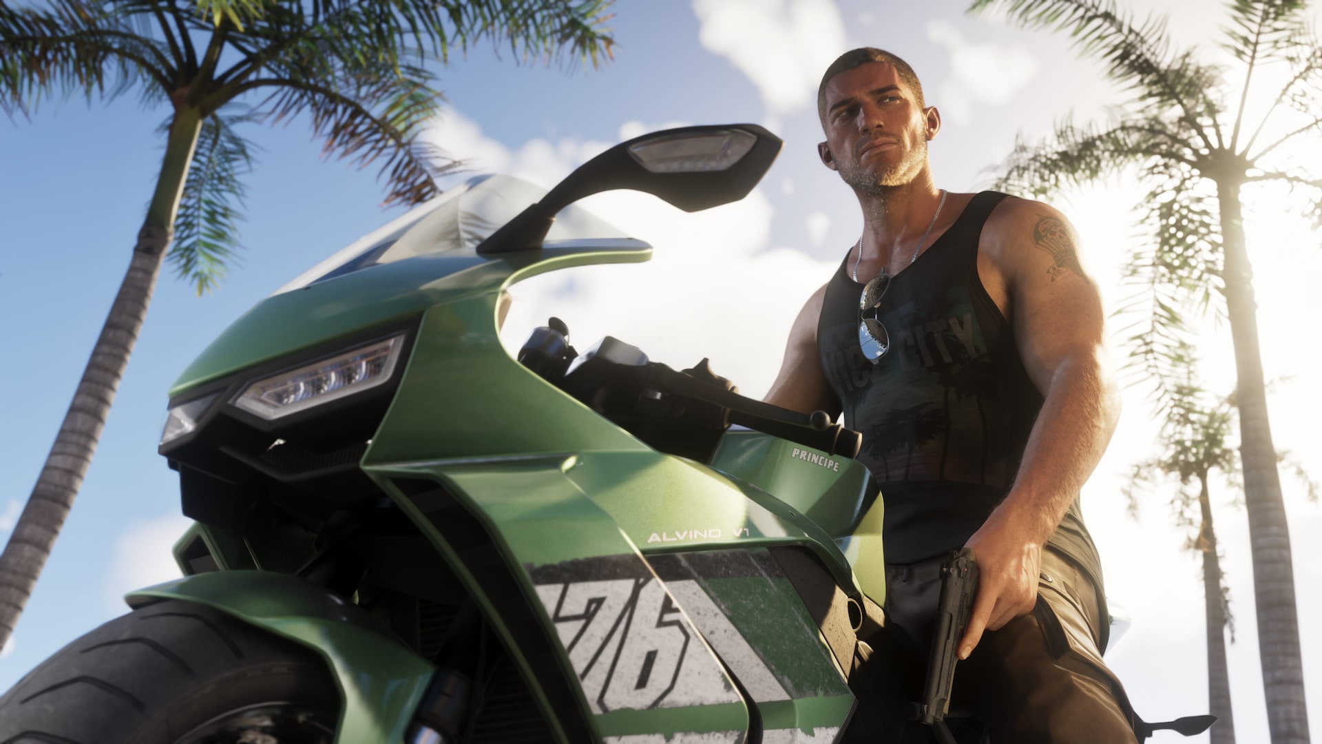 Jason stands beside a green sports motorbike under palm trees, a pistol in his hand, in Grand Theft Auto VI