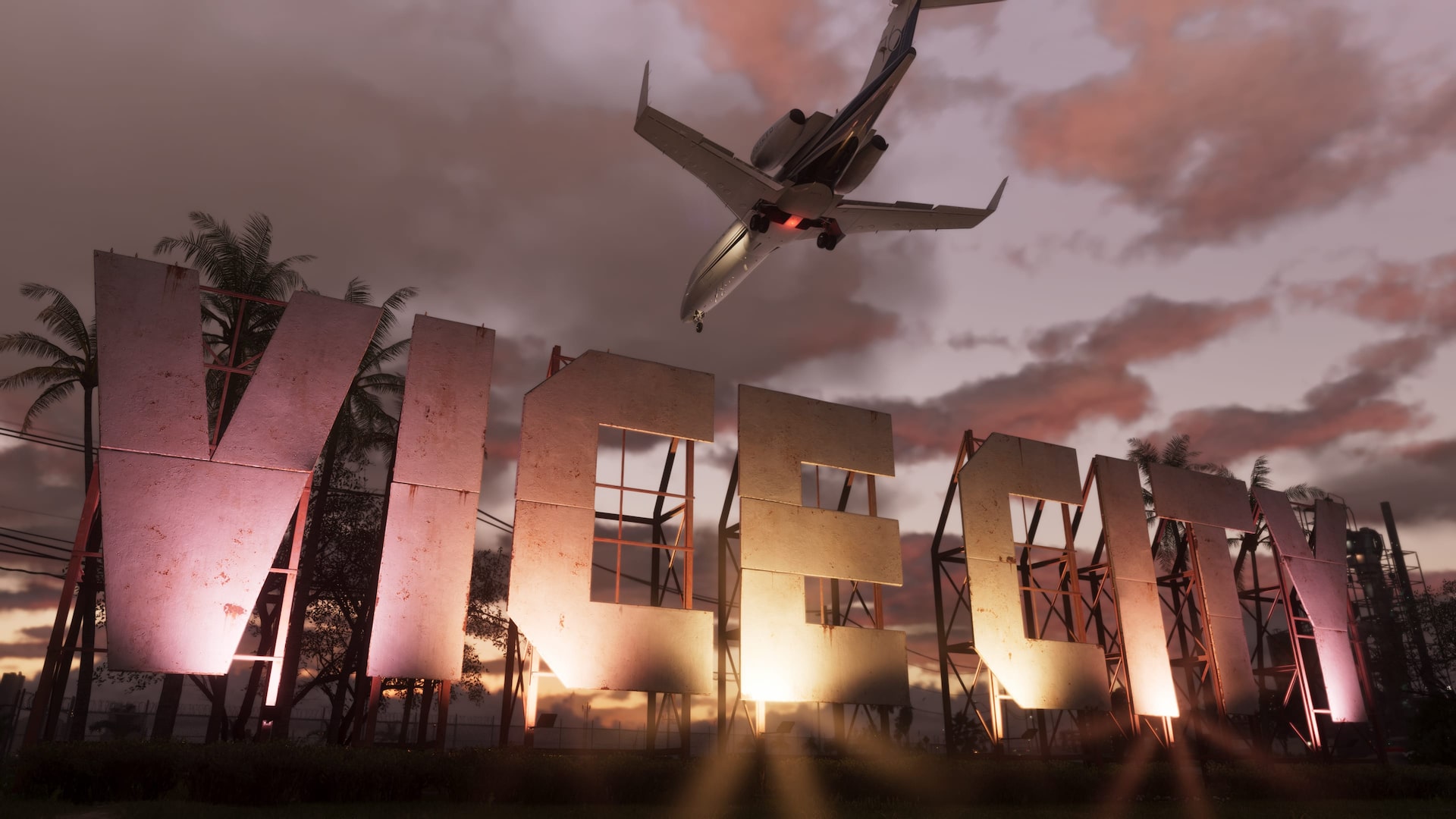A jet flies low over a giant lit-up Vice City sign at dusk in Grand Theft Auto VI
