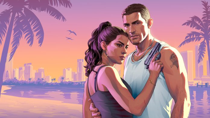 Grand Theft Auto VI key art of Lucia and Jason embracing in front of a pink Vice City skyline, Jason holding a pistol