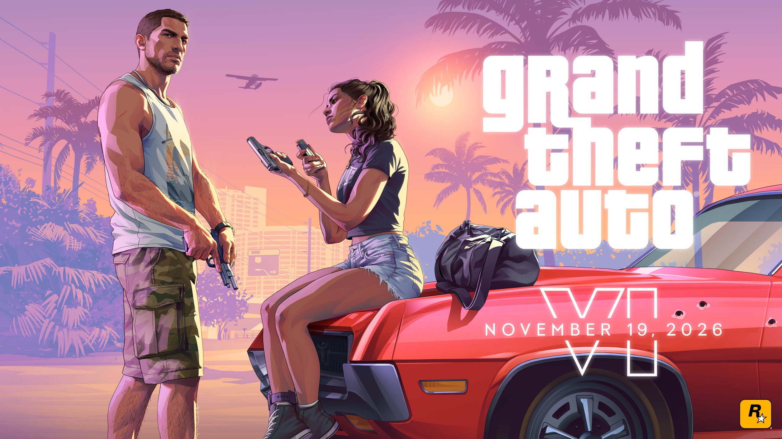 Grand Theft Auto VI key art of two characters by a red car with the game logo and the text November 19, 2026.