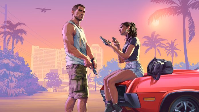 Illustrated artwork of a man in a singlet holding a pistol and a woman loading a magazine on the bonnet of a red car, against a pink sunset with palm trees and a seaplane.