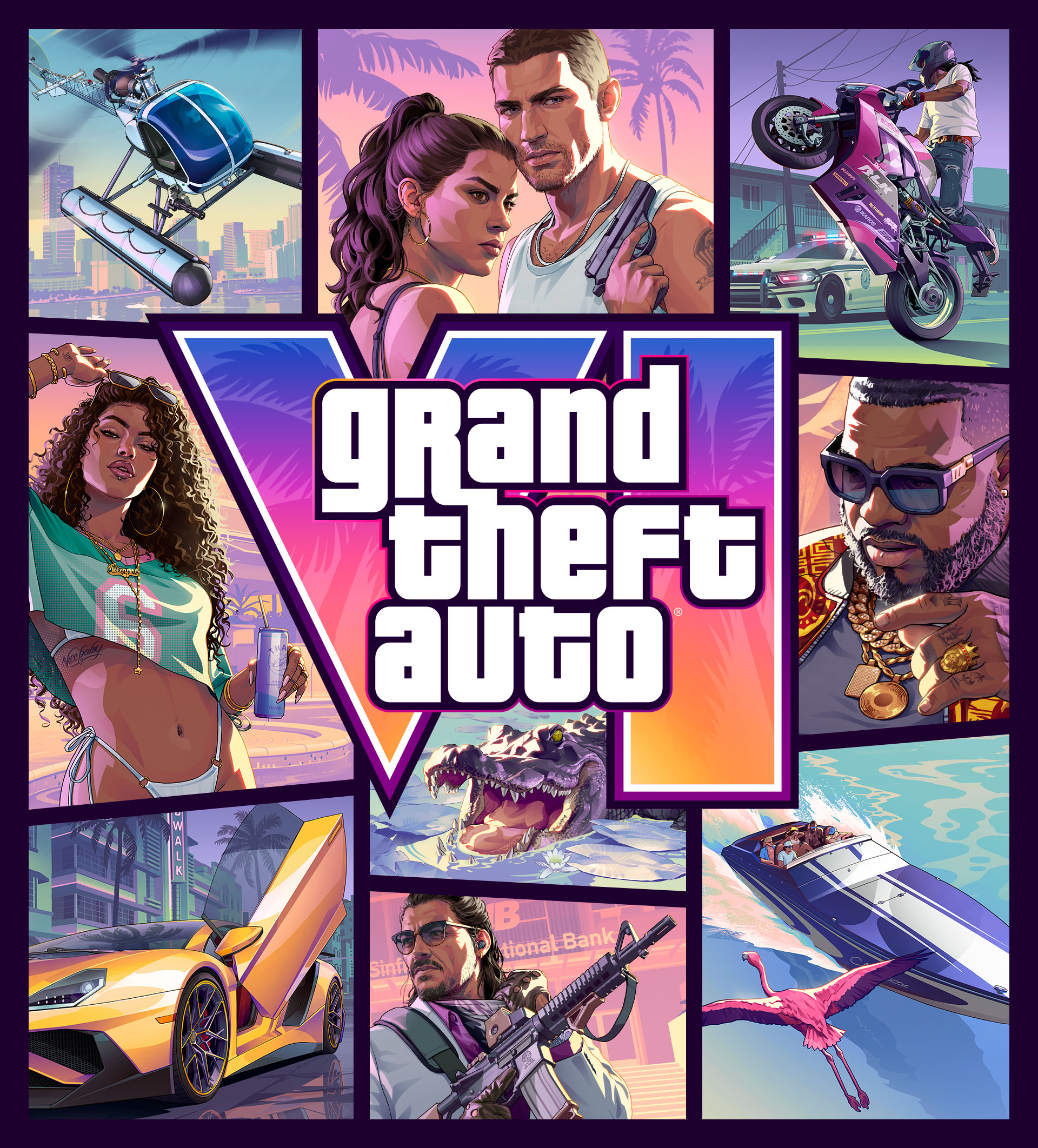 A collage poster around the Grand Theft Auto VI logo, with a seaplane, a couple, a stunt rider, a woman with a drink, a man in sunglasses, a crocodile, a yellow sports car, a gunman and a speedboat with a flamingo.
