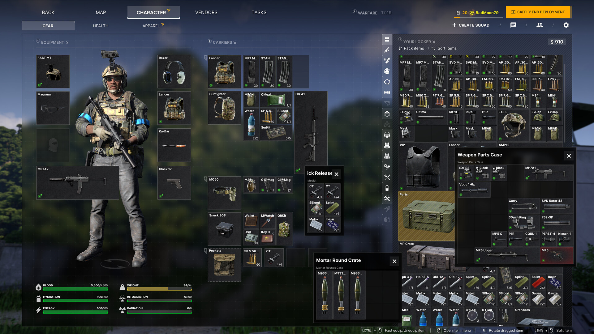 A Gray Zone Warfare character screen showing an operator in body armour with a rifle, equipment slots and a large locker of ammunition and gear.