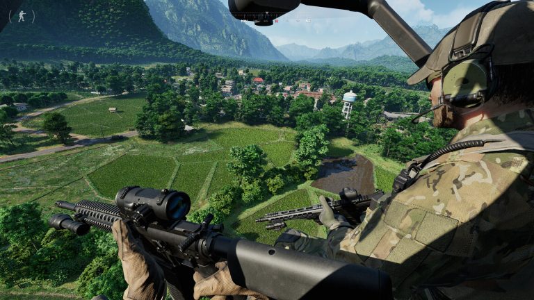 A Gray Zone Warfare screenshot from a helicopter looking down on rice fields and a village, with a soldier holding a rifle in the foreground.