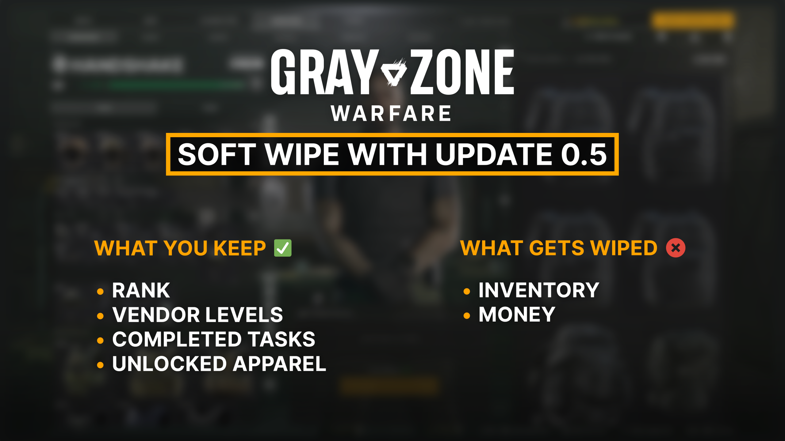 A MADFINGER graphic titled Soft wipe with Update 0.5, listing what you keep (rank, vendor levels, completed tasks, unlocked apparel) and what gets wiped (inventory, money).