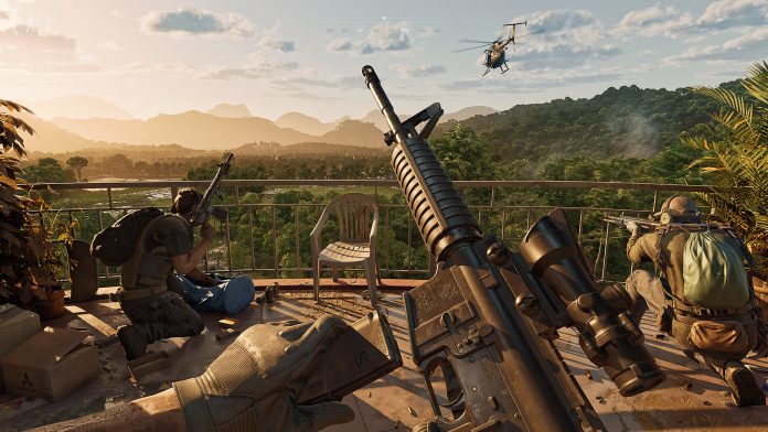 A Gray Zone Warfare screenshot of three armed operators on a balcony overlooking jungle hills, with a helicopter flying overhead.