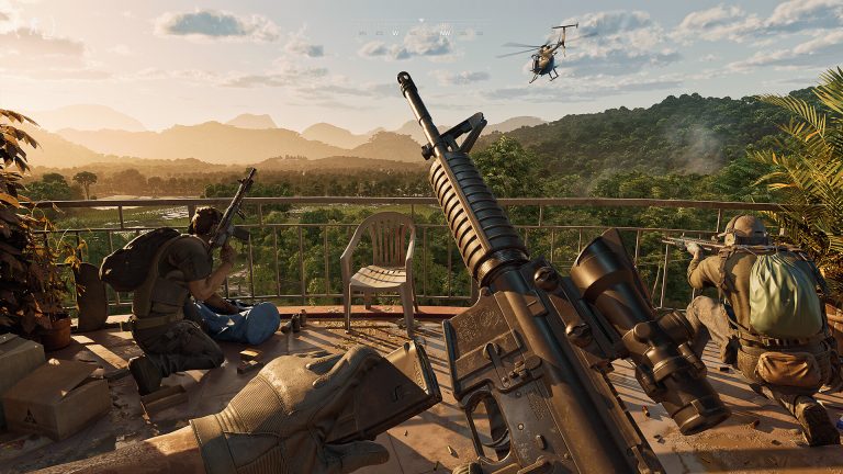 A Gray Zone Warfare screenshot of three armed operators on a balcony overlooking jungle hills, with a helicopter flying overhead.