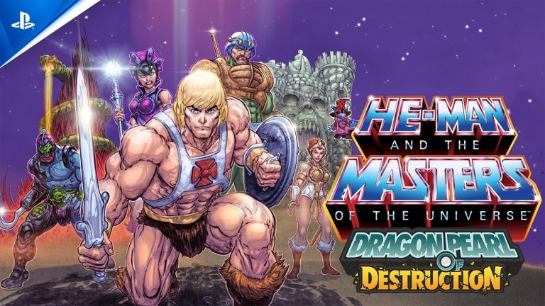 He-Man crouches with his sword and shield in front of Castle Grayskull, with Teela, Man-At-Arms, Evil-Lyn, Skeletor's forces and Orko behind him, beside the Dragon Pearl of Destruction logo