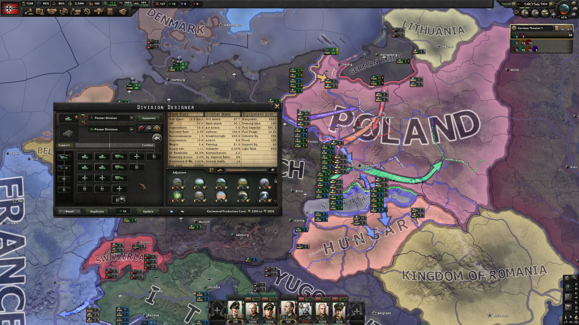 Hearts of Iron IV: the division designer window open over a map of Poland and neighbouring countries