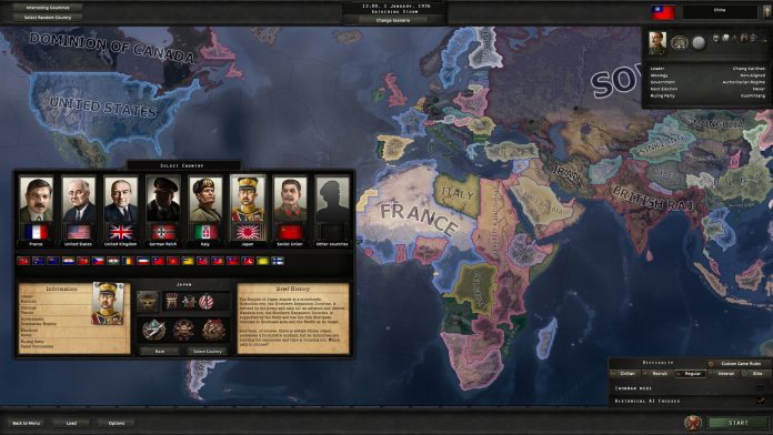 Hearts of Iron IV world map and government screen. Image: Paradox Interactive Hearts of Iron IV: a world map with nations shaded by faction and a panel of national leaders' portraits