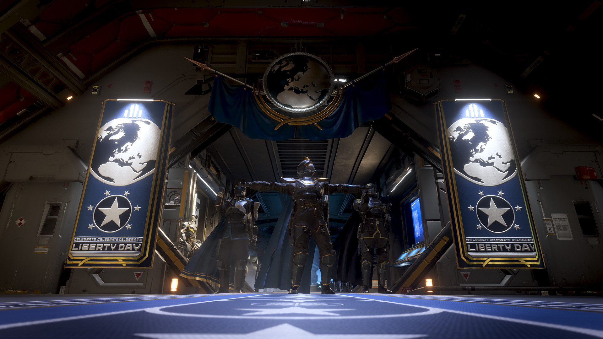 Helldivers 2: Liberty Day banners and a blue rug decorate a corridor aboard a Super Destroyer