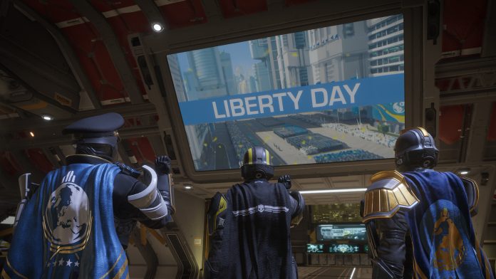 Helldivers 2: three Helldivers in capes salute a large screen showing a Liberty Day parade aboard their ship