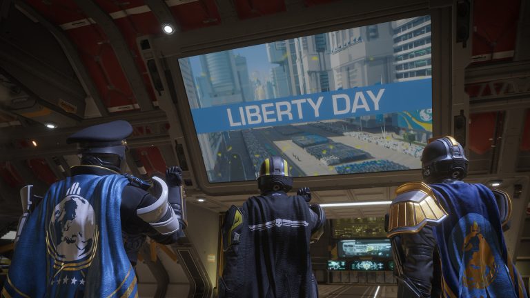 Helldivers 2: three Helldivers in capes salute a large screen showing a Liberty Day parade aboard their ship