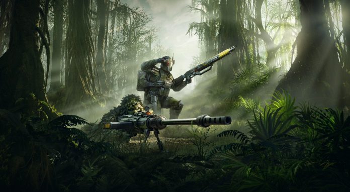 Key art for the Helldivers 2 Scope of Authority Premium Warbond, showing a Helldiver in a jungle clearing saluting beside a crouching sniper in a ghillie-style suit, with a long rifle in the foreground